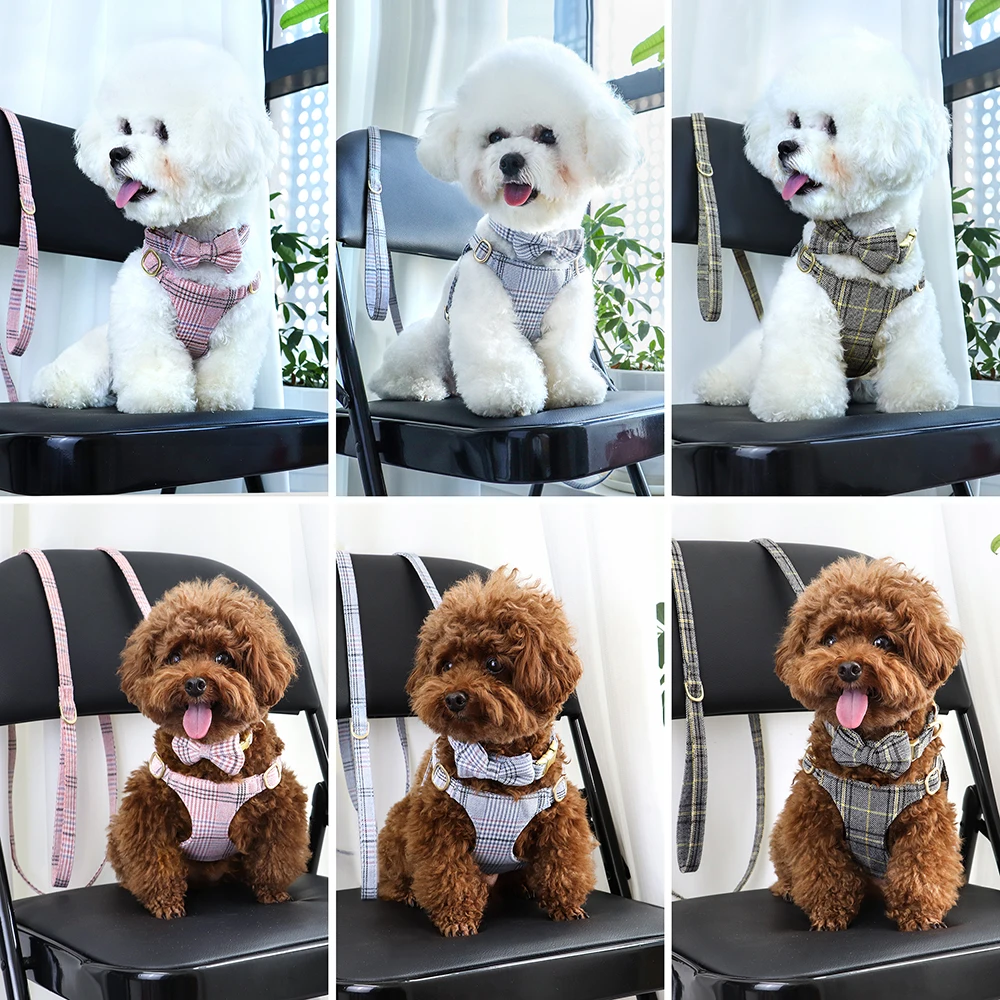 Conjunto de arnés y correa ajustable para perro, chaleco clásico a cuadros para Chihuahua, cachorro y gato, perros pequeños y medianos, caminar - imagen 4