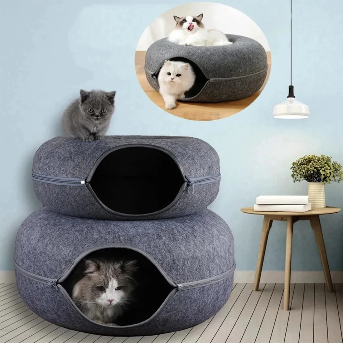 Nido de túnel redondo interactivo para gatos pequeños, cama de fieltro para gatitos, rascador para gatos, Donut, juguete para mascotas para dormir - imagen 4