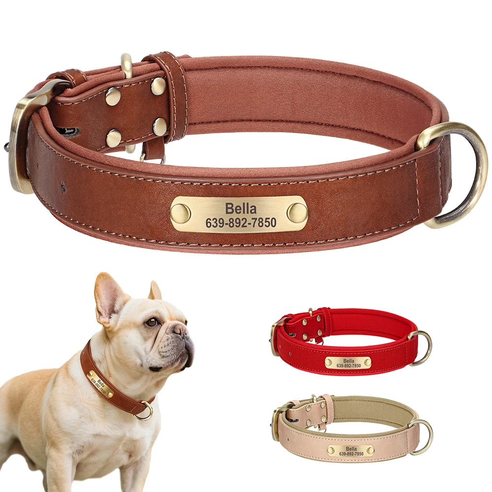 Collar de perro personalizable, collares duraderos de cuero PU para perros, collar acolchado suave para cachorros, grabado gratis para perros pequeños, medianos y grandes