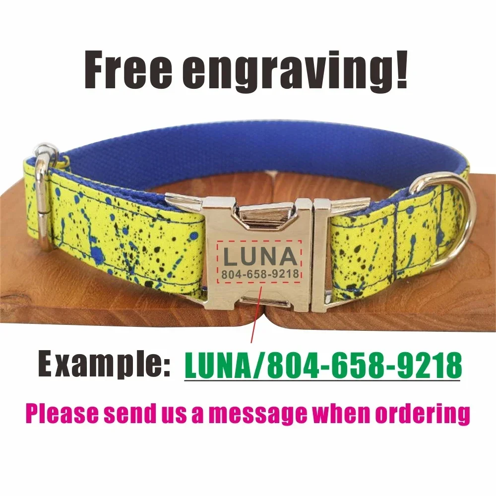 Collar de perro personalizado con grabado gratuito, correa para mascotas a juego, hebilla de Metal de contactos personalizados, Collar para salpicaduras de pintura amarilla - imagen 4