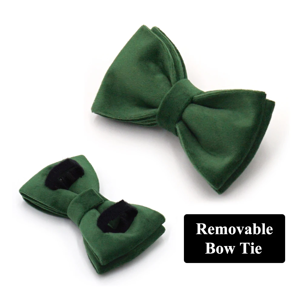 Collar de terciopelo verde pavo real para perros con grabado, conjunto de correa de arnés para perros personalizado, Collar ajustable sin escape para mascotas con lazo - imagen 3