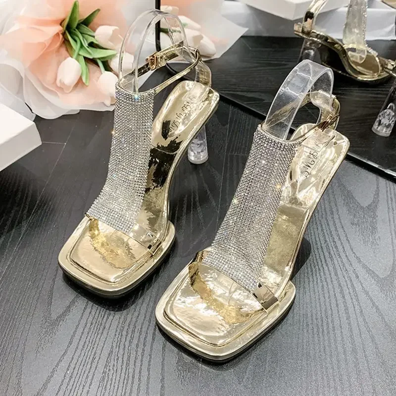Zapatos de tacón alto transparentes para mujer, sandalias gruesas con diamantes de imitación, para verano, 2023 - imagen 5