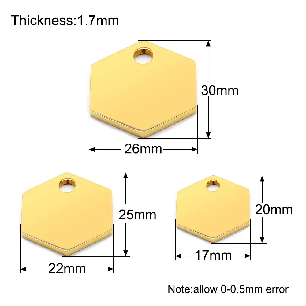 Venta al por mayor, 100 Uds., etiquetas de identificación para mascotas, colgante hexagonal de acero inoxidable, etiqueta para perro, agujero, placa de identificación personalizada, nombre de regalo, logotipo de teléfono para persona - imagen 3