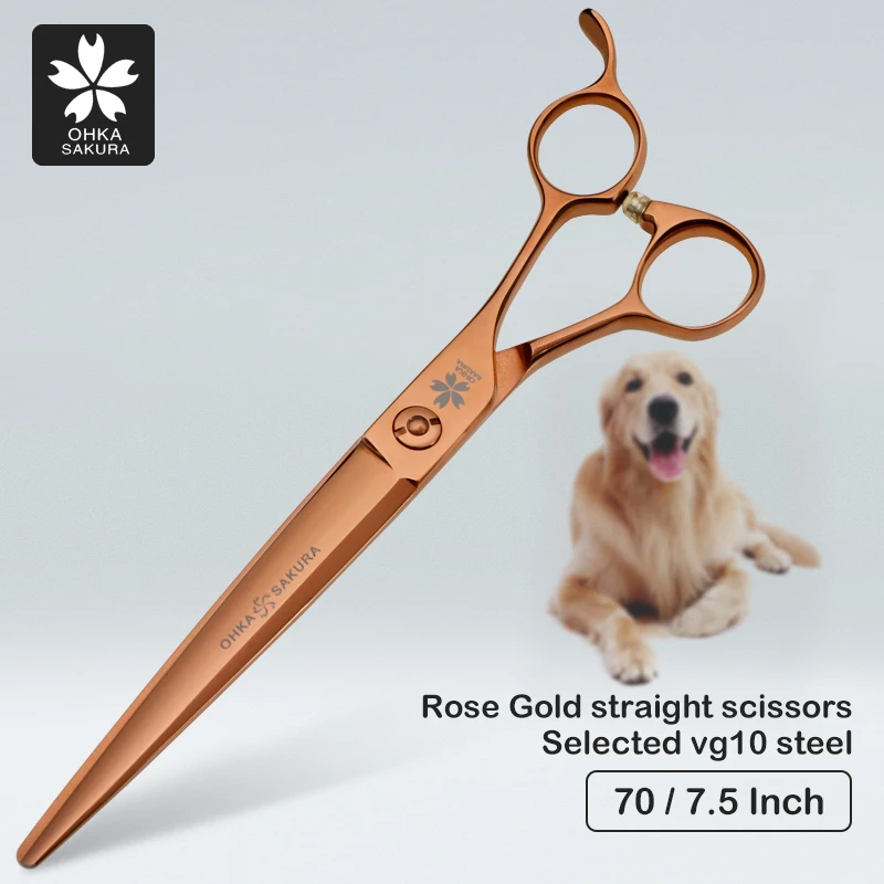 Yinghuawu-tijeras para recortar el cabello de oro rosa, corte grande, cizalla directa, 7,0-7,5 pulgadas, VG10, especial de esteticista para mascotas importada de alta calidad