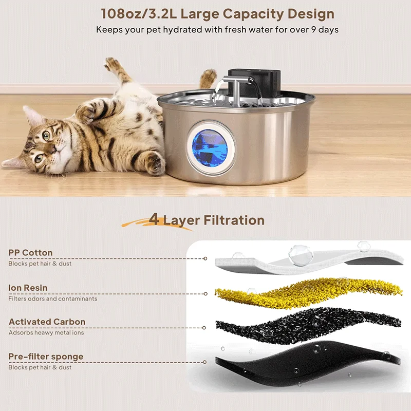 Fuente de agua para gatos Voford de acero inoxidable de 3,2 L con batería de 4000 mAH, 3 modos, salida Dual, fuente automática inalámbrica para beber para mascotas - imagen 4
