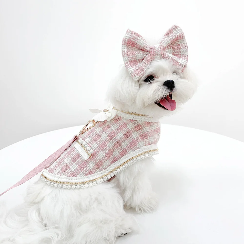 Capa a cuadros de encaje de perlas para perros, suministros para mascotas, chaqueta, correa de pecho, conjunto de cuerda de tracción para gatos, ropa para cachorros, ropa para perros pequeños - imagen 4