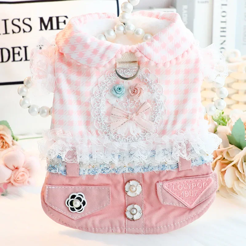 2025 nueva falda gruesa de princesa Otoño Invierno para perros pequeños gatos diseño vaquero a cuadros, ropa cálida para mascotas