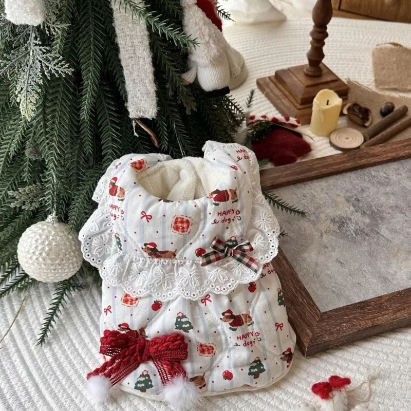 Chaquetas bonitas para mascotas, abrigo de Navidad de invierno, chaleco con lazo bonito de peluche, abrigo cálido para gatos, ropa para perros pequeños, ropa navideña para cachorros - imagen 3