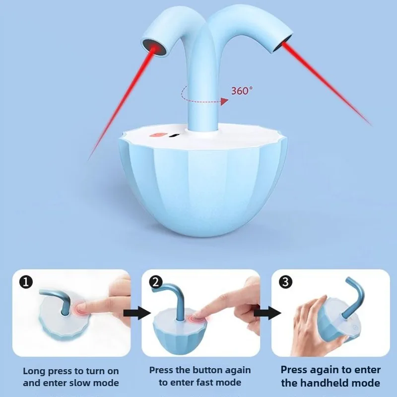 Un tazón azul con un puntero láser rojo