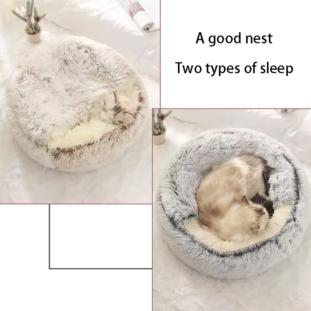 Cama cálida y suave de felpa para mascotas con funda, cama redonda para gatos, colchón para mascotas, nido para dormir 2 en 1 para perros y gatos, nido para gatos semicerrado - imagen 5