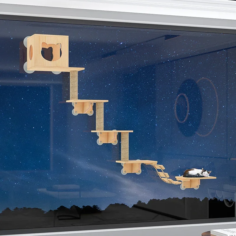 Torre de condominio para gatos, juguete de árbol sin perforación, poste para rascar, plataforma, productos para mascotas para gatitos, ventosa de madera maciza, juego para gatos, marco de escalada - imagen 4