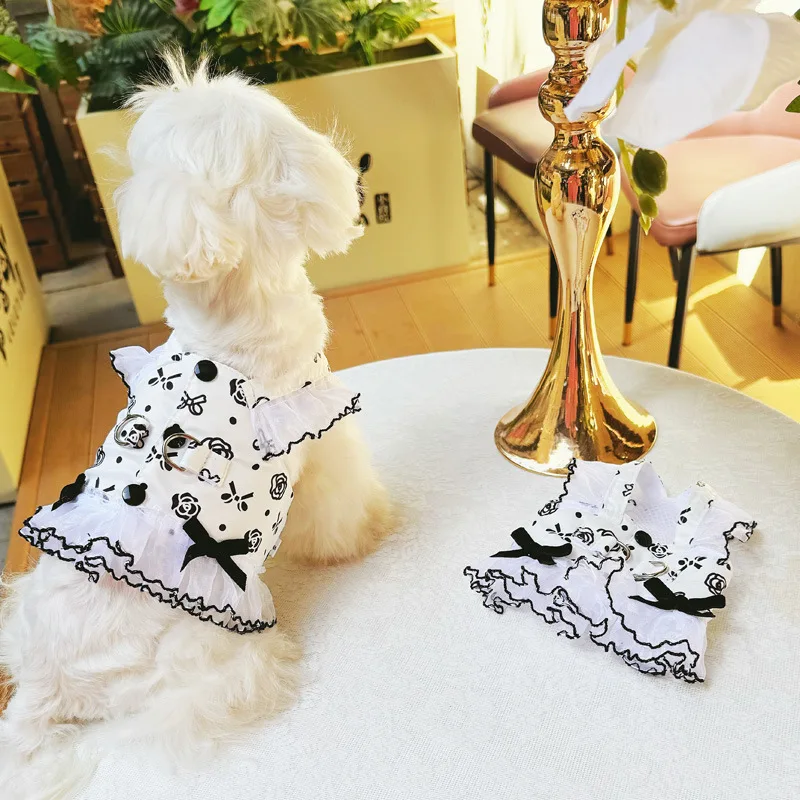 Arnés de verano para perros, arnés de flores blanco y negro, vestido para mascotas, gato, chaleco blanco para cachorros, arnés, Kit de plomo, Chihuahua, Yorkshire Terrier - imagen 2