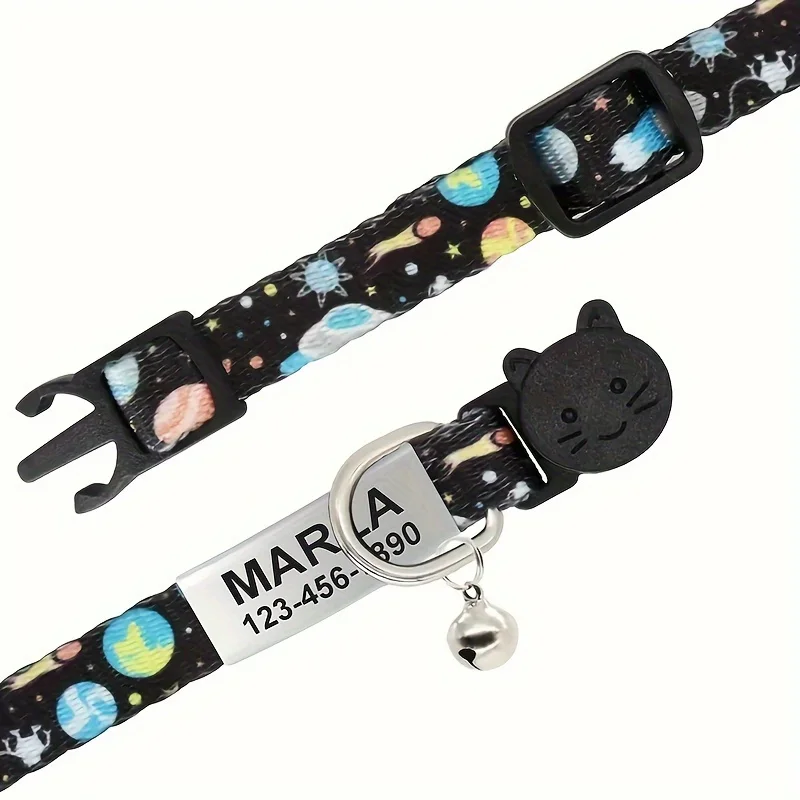 Collar ajustable personalizado con diseño de planeta espacial para mascotas, hebilla de seguridad de nailon para gatos, perros pequeños, etiqueta de identificación grabada, nombre, dirección telefónica - imagen 3