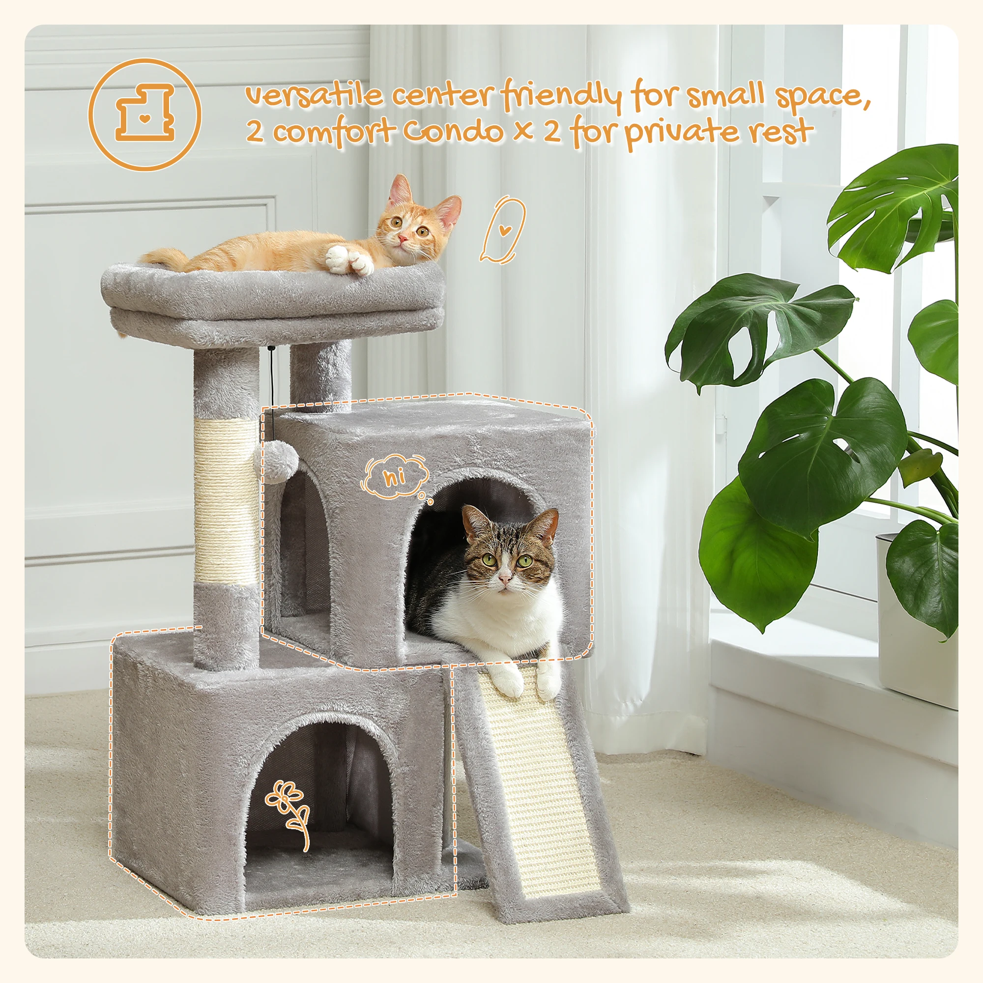 Árbol para gatos pequeño con condominio doble, rampa para rascar de Sisal y postes, percha acolchada, torre para gatos para interior, casa de gato de peluche, cama, juguetes para gatos - imagen 2