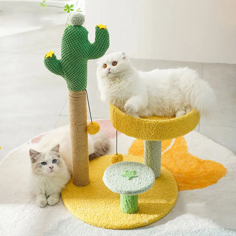 Torre de árbol para gatos y Cactus, poste rascador de Sisal Natural, marco de escalada para gatitos, juguete con plataforma de juego, percha para saltar, suministros para mascotas