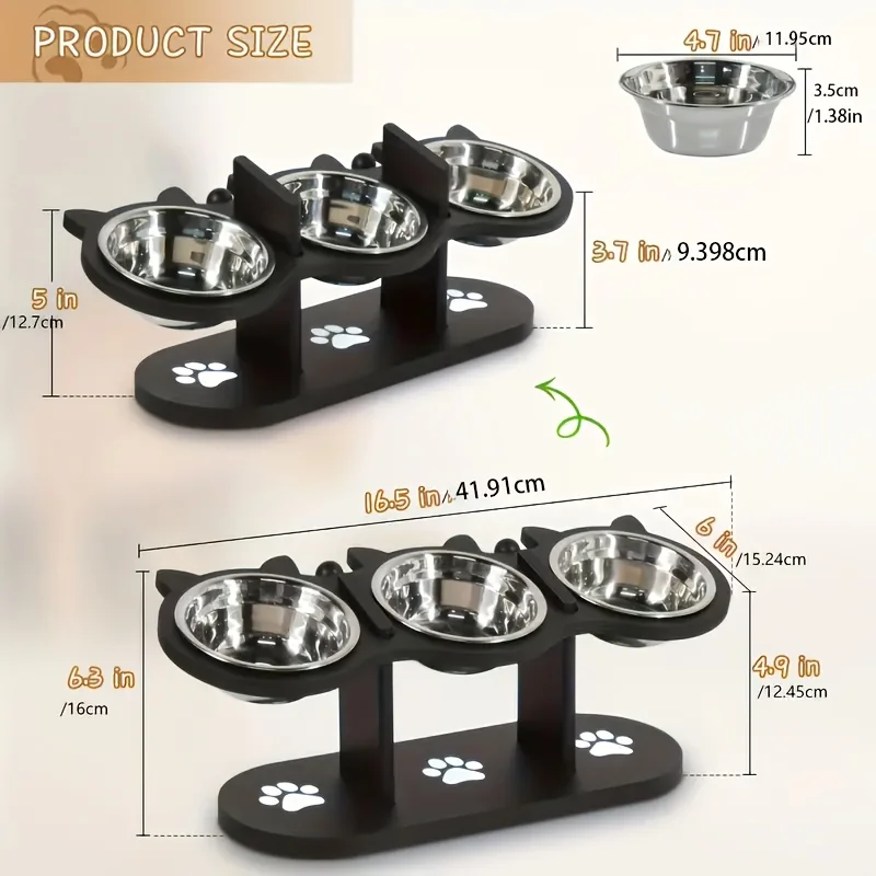 Cuenco elevado para gatos de 3 niveles con soportes de soporte, cuenco de comida para mascotas inclinado con soporte de ángulo ajustable de madera y acero inoxidable de 15 grados - imagen 2