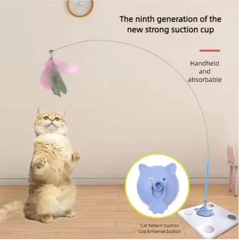 Divertidos juguetes para gatos, varita interactiva desmontable con Base de ventosa, juguete de juego de gatito de plumas esponjosas para suministros para gatos - imagen 3