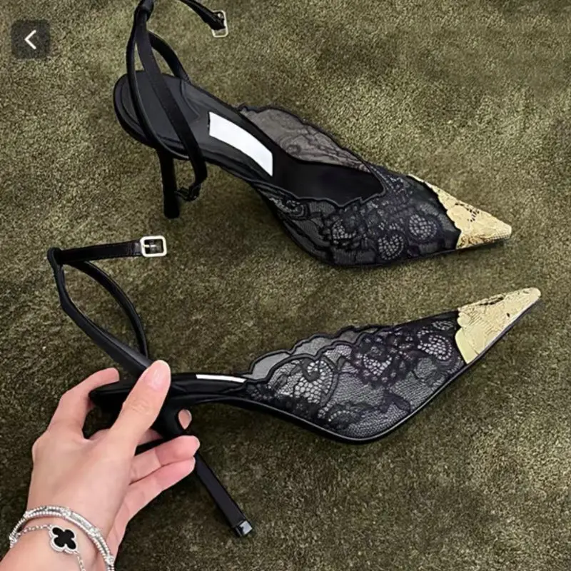 Sandalias slingback de tacón bajo con encaje y malla para mujer - imagen 2