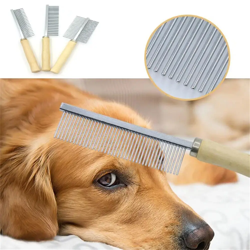Removedor de pelo de acero inoxidable para mascotas, peine para el pelo de gato, mango de madera, peine para gatos, pelo liso, peine para perros, equipo de aseo para perros y mascotas