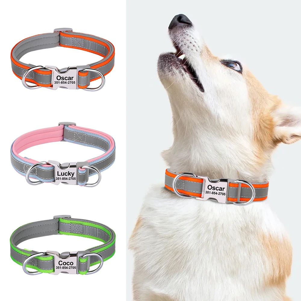 Collar de perro personalizado, collares reflectantes de seguridad para perros, etiqueta de identificación grabada gratis, collares Pitbull Pug ajustables para perros pequeños y grandes