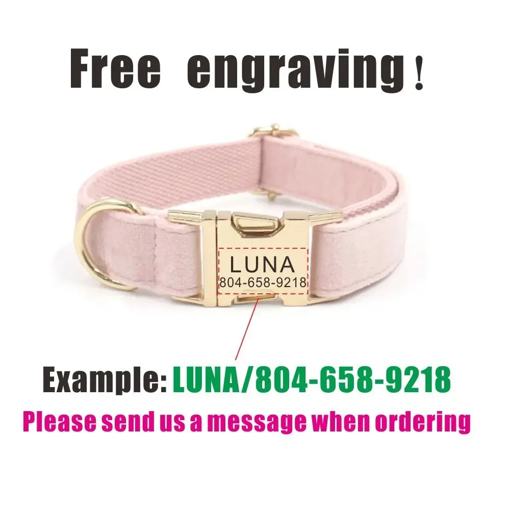 Collar de perro personalizado, Collar personalizado para mascotas, grabado gratis, etiqueta de nombre de identificación, accesorio para mascotas, Collar de cachorro de fibra de terciopelo rosa - imagen 4