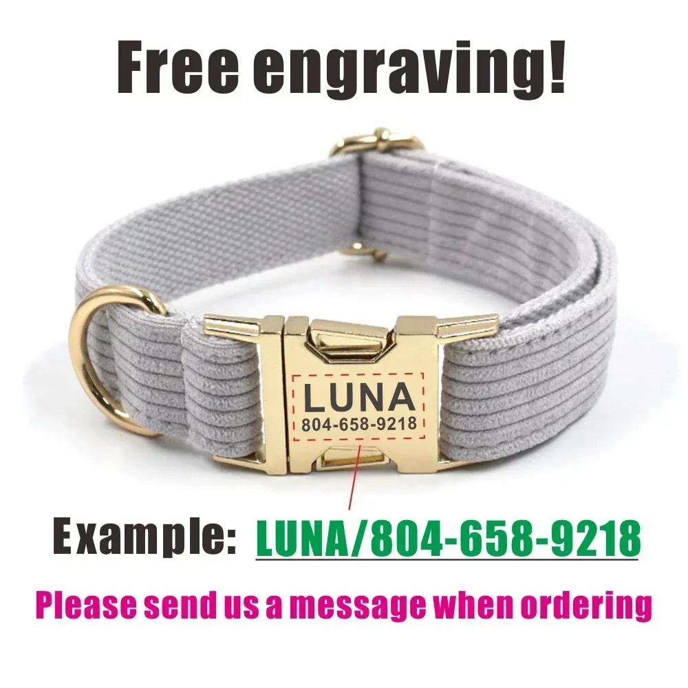 Collar de perro personalizado con grabado gratuito, correa para mascotas a juego, hebilla de Metal de contactos personalizados, Collar para mascotas de pana gris - imagen 4