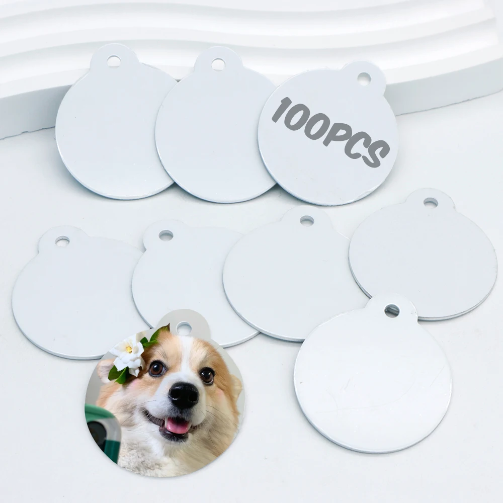 100 Uds. Etiqueta de perro de aluminio llavero de sublimación en blanco accesorios colgante redondo encanto