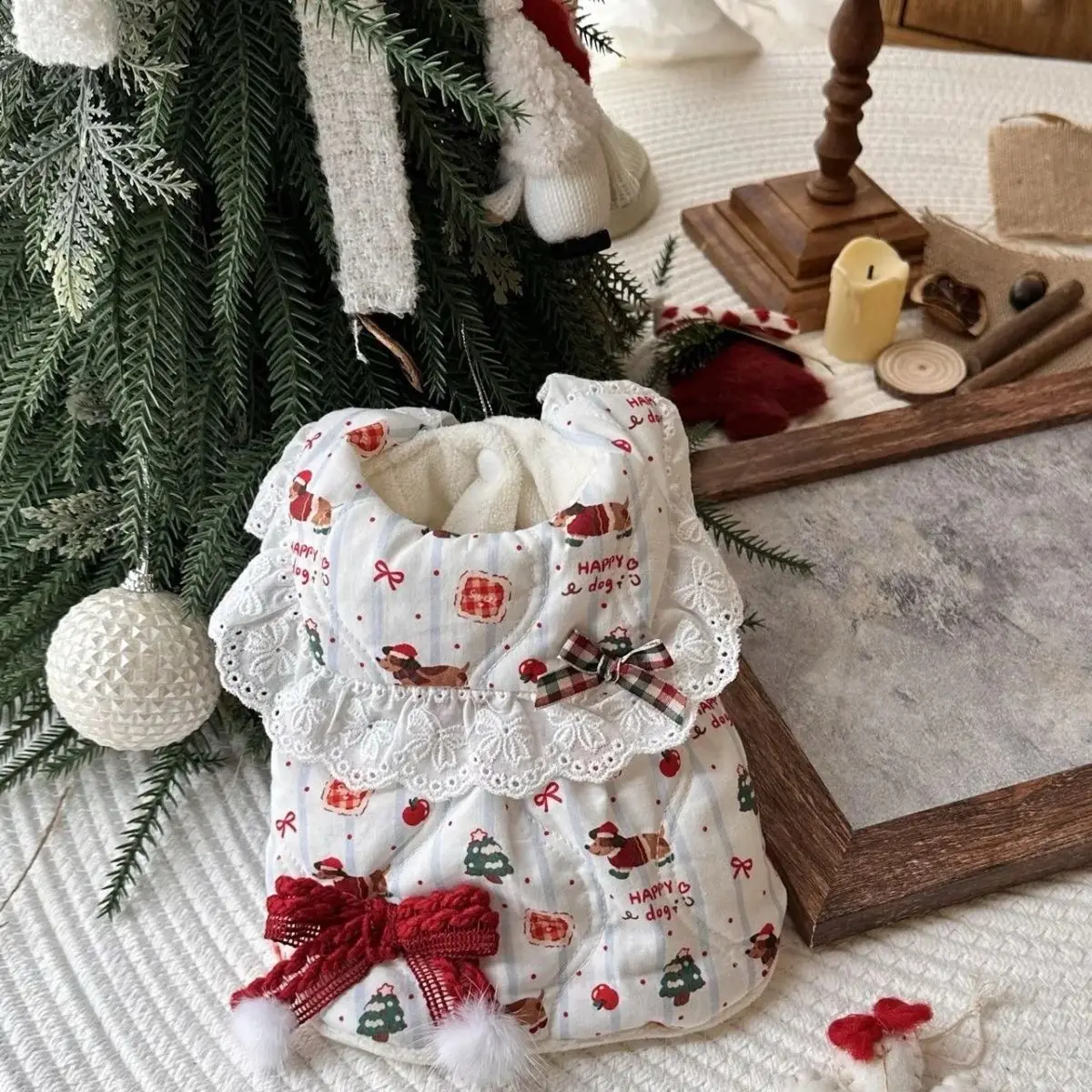 Abrigo de Navidad para otoño/invierno para mascotas, chaleco con lazo bonito de peluche, abrigo cálido para gatos, ropa para perros pequeños, ropa navideña para cachorros - imagen 3