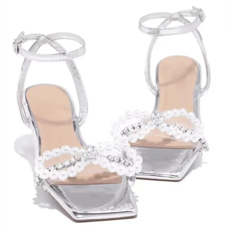 Sandalias de Mujer con lazo y perlas, tacones planos, elegantes, con diamantes de imitación, para fiesta, talla grande 42, verano 2023 - imagen 5