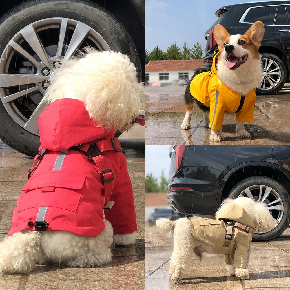 Chubasquero con capucha y anillo de correa para perro, chaqueta impermeable para perro, Poncho, sudaderas con capucha con tira reflectante para caminar al aire libre
