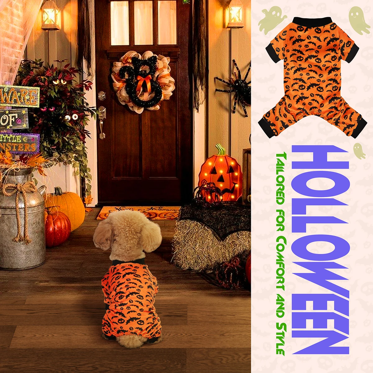 Disfraz de pijama para perro de Halloween: traje de cuatro patas con estampado de murciélago y calaveras, perfecto para perros pequeños, medianos y grandes - imagen 4