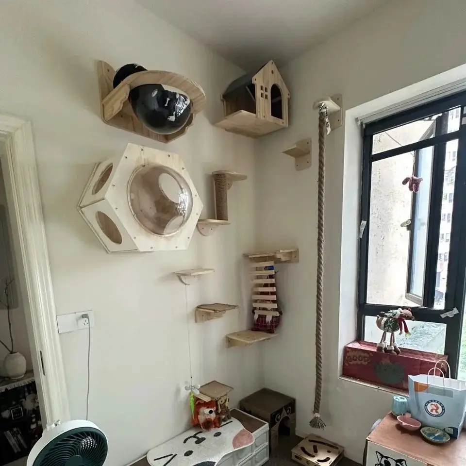 Hamaca de madera con escalera para gatos, estantes de escalada montados en la pared y puente para gatos, perca para gatos, patio de juegos interior para mascotas - imagen 4