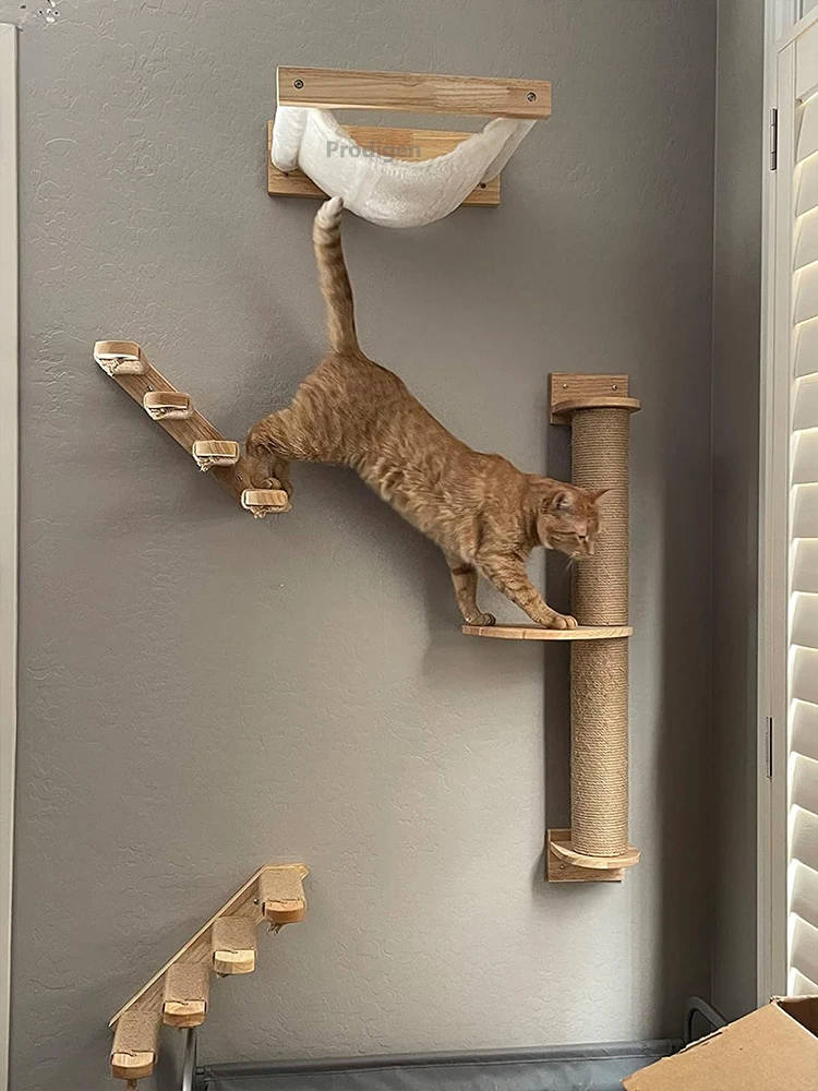 Estante de escalada para gatos montado en la pared, muebles de pared, escalera con cuerda de Sisal, poste rascador, árbol para gatos, gatitos, durmiendo - imagen 5
