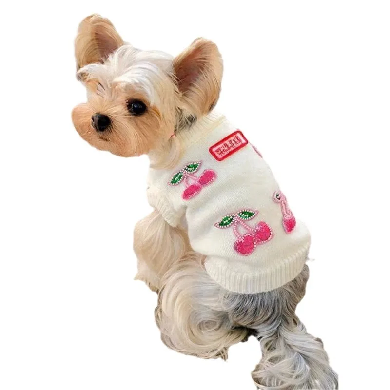 Otoño Invierno nuevo suéter para mascotas Estilo Princesa patrón de cereza perros pequeños maltés, Bichon Teddy prendas de punto suaves y cálidas para perros - imagen 4