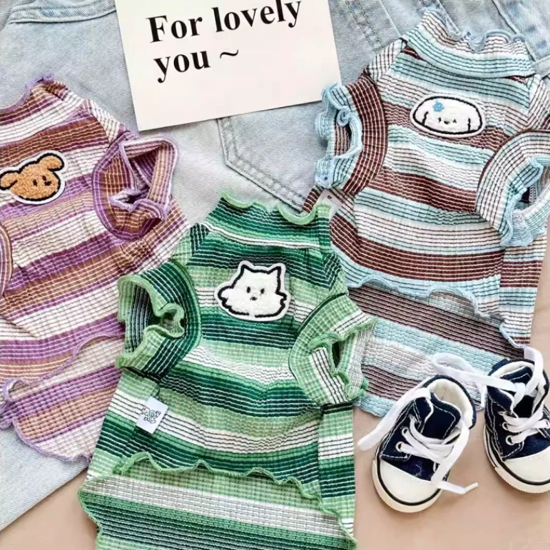 Ropa suave de otoño para perros, camisa a rayas a la moda para perros, bonitos jerseys de encaje para cachorros, camiseta con parte inferior para gatos, chaleco para mascotas, trajes de Bichon para caniche