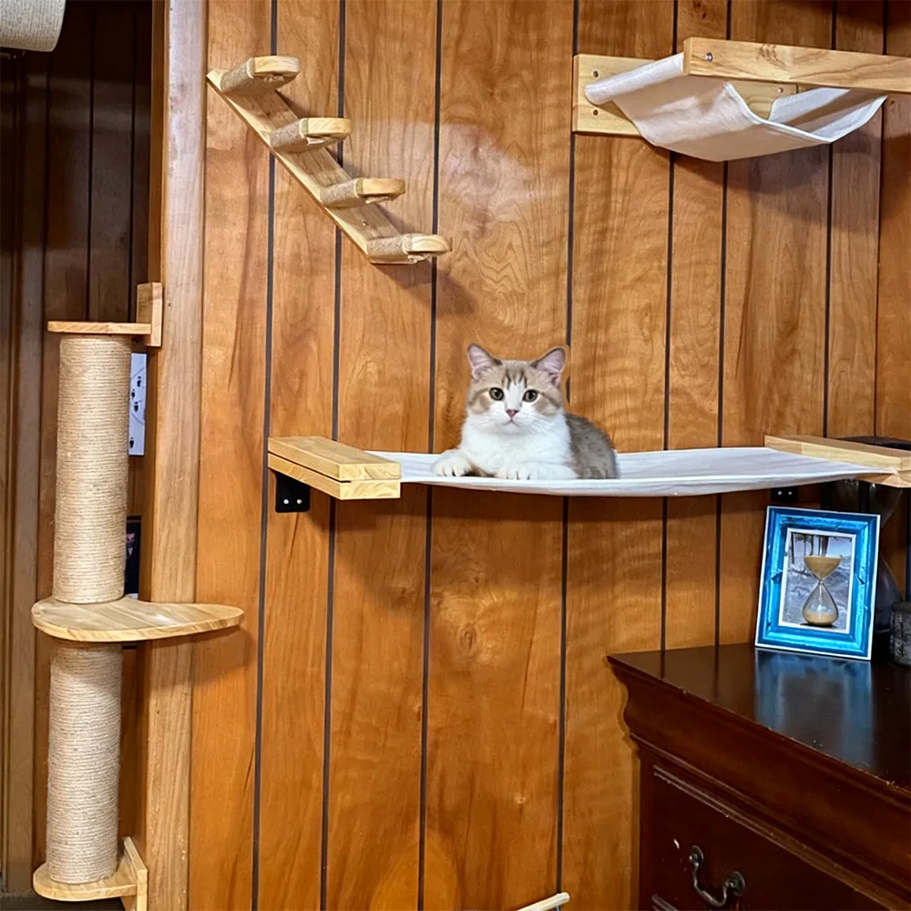 Sistema de escalada para gatos montado en la pared, estantes de madera, escaleras de Sisal, hamaca y perchas, muebles de pared para gatos, escalada y rascar en interiores