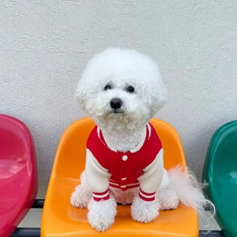 Traje de béisbol informal para mascotas, suéter de peluche cálido tejido para perros, ropa para perros con Bordado de letras, camisa Popular con botones abiertos - imagen 5