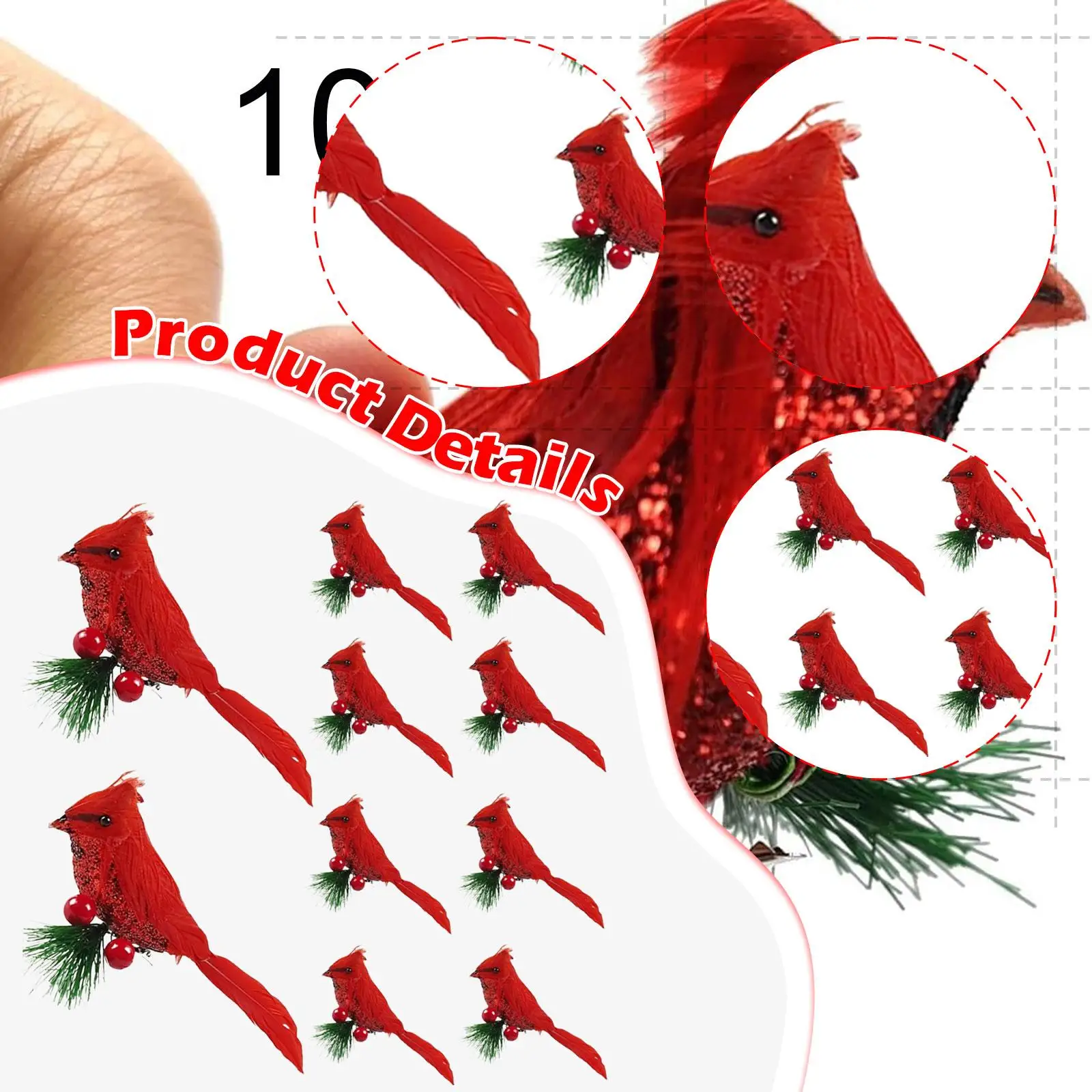 10 piezas de pájaros artificiales rojos de Navidad, decoraciones de pájaros falsos, adornos de árbol de Navidad para maceteros, Patio interior y hogar - imagen 5