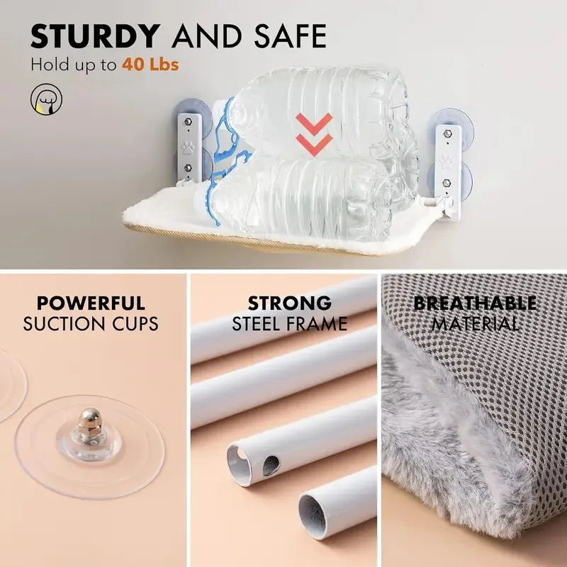 Percha plegable para ventana de gato, hamaca para ventana de gato con fuertes ventosas, cama para ventana de gato con marco de acero y cojín extraíble - imagen 4