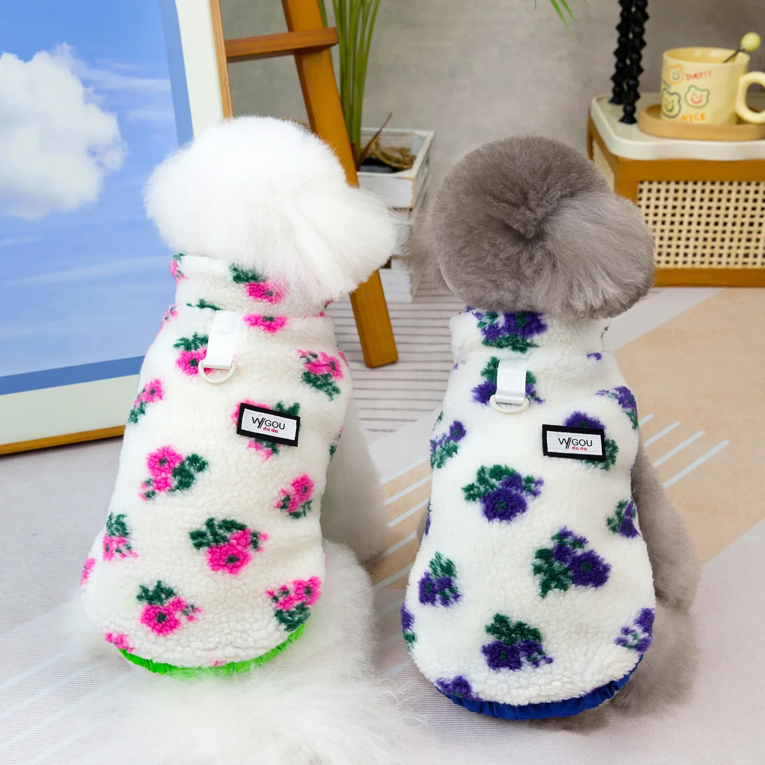 Abrigo Floral de lana de cordero para mascotas, ropa para gatos de peluche para mascotas, camiseta sin mangas para campo, ropa para perros pequeños, otoño/invierno - imagen 5