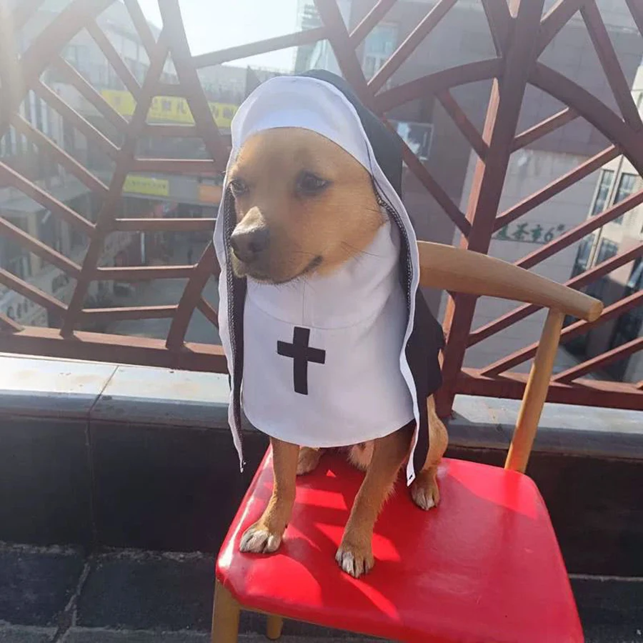 Ropa de Halloween para perros, disfraz bonito de monja de Cristo, disfraz de mascotas para perros pequeños y grandes, maquillaje con estampado de cruces, trajes para Chihuahua, regalo para gatos - imagen 4