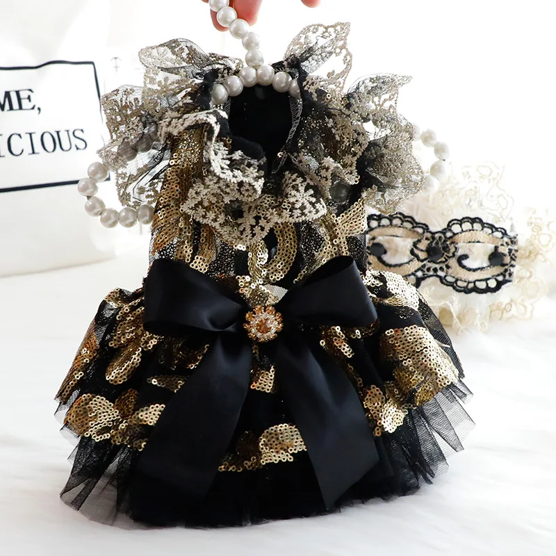 Vestidos de gasa transpirables de verano para mascotas, elegantes vestidos de boda ahuecados de Estilo Princesa de oro negro para gatos y perros - imagen 2