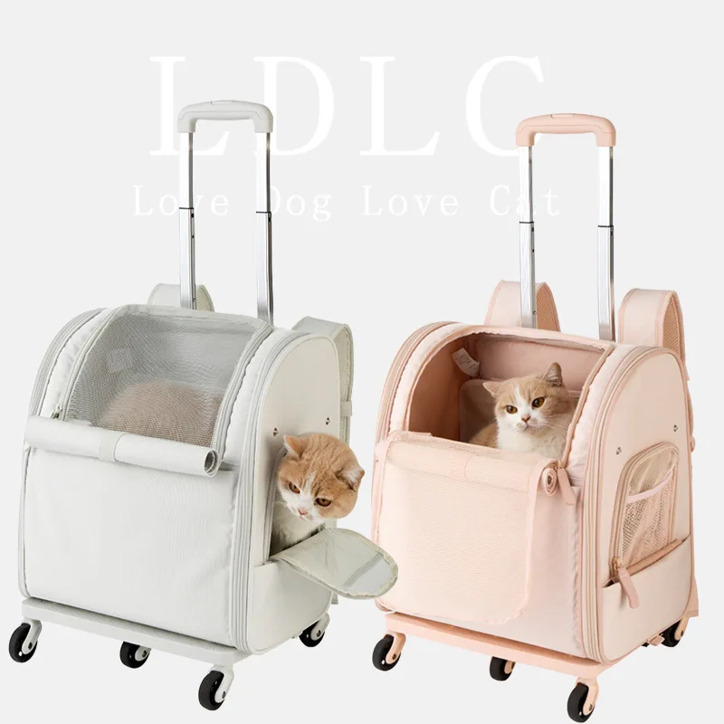 Mochila portátil con ruedas para mascotas, carrito transportador plegable 2 en 1 para perros y gatos con ruedas, tela Oxford impermeable para viajes de mascotas pequeñas