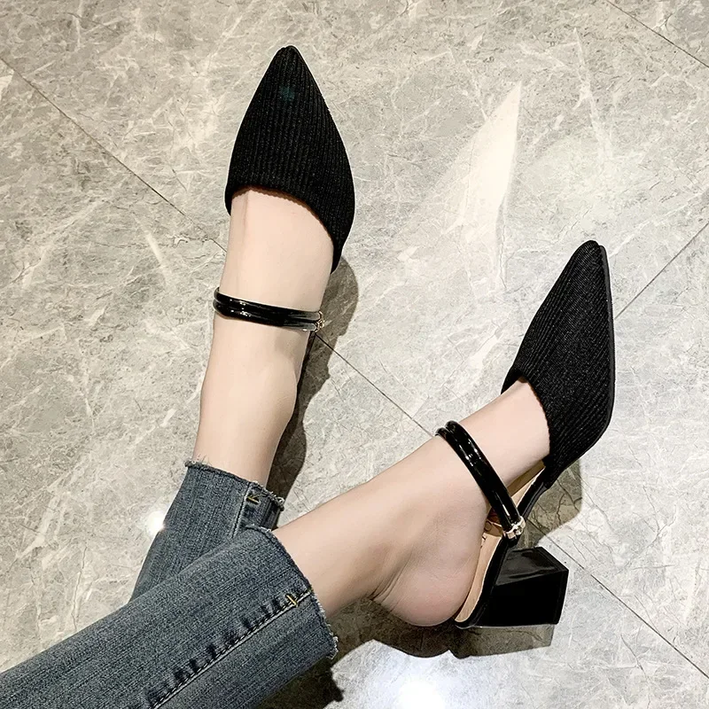 Sandalias de mujer, sandalias de raíz cuadrada puntiagudas de verano, novedad de 2025, sandalias Baotou de doble uso para ocio al aire libre, sandalias de Color sólido, zapatillas para mujer - imagen 2