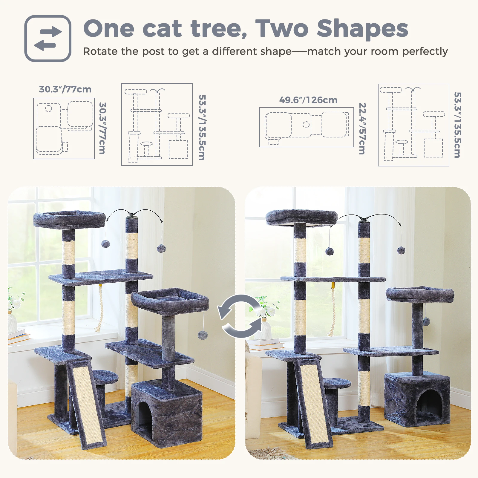 Torre de árbol para gatos con percha favorita para gatos, condominio acogedor, postes y tablero para rascar sal, pompones dobles, dos formas, accesorios para gatos, juguete para gatos - imagen 3