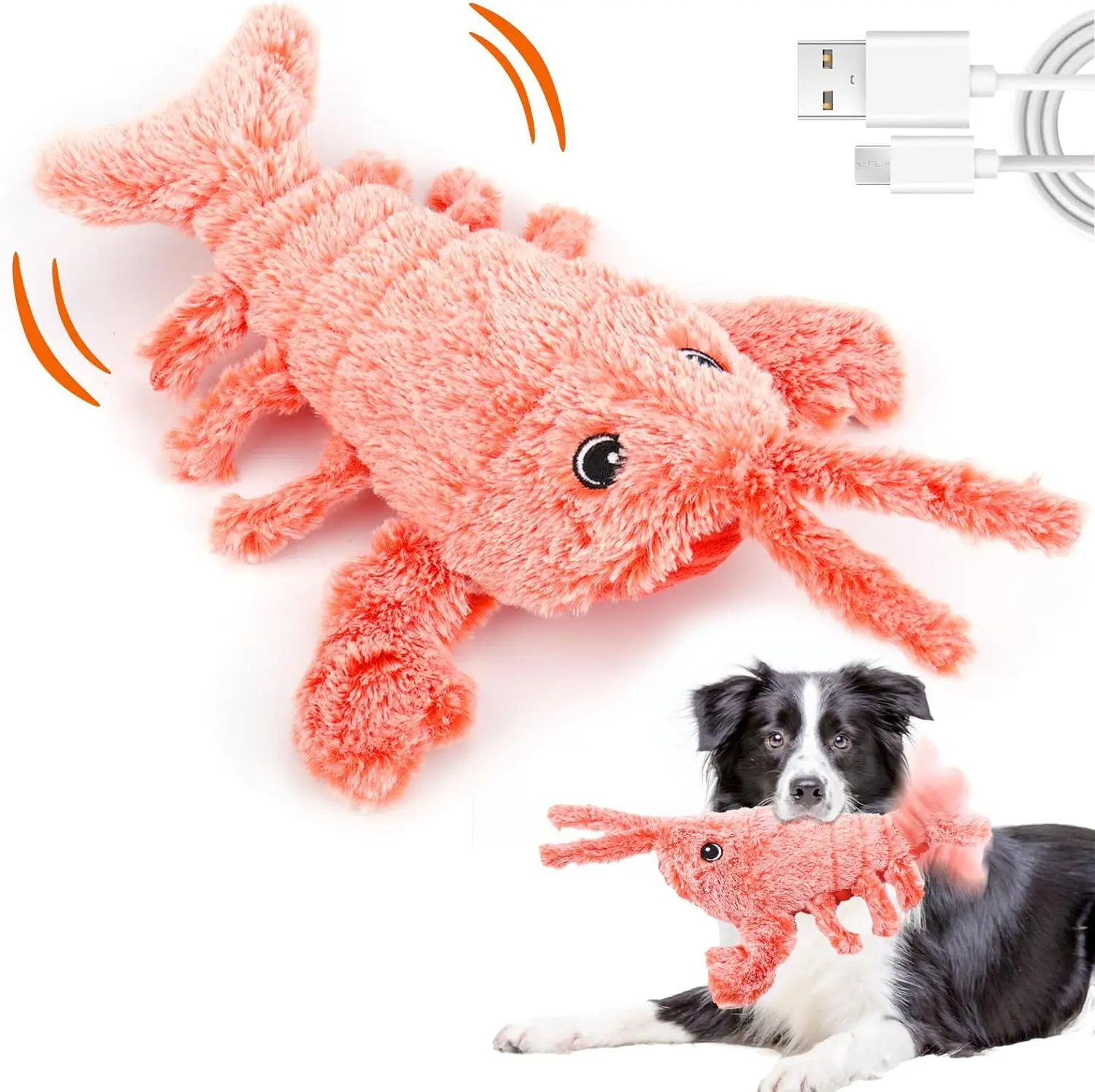 Juguete interactivo langosta de felpa para mascotas sobre fondo claro