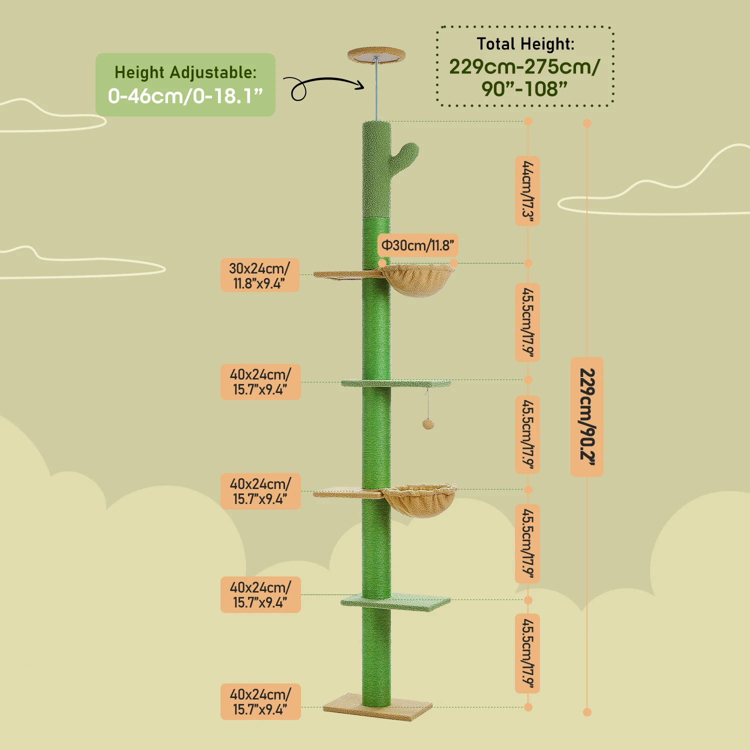 Árbol para gatos ajustable de 229-275 cm, torre para gatos de piso a techo con postes rascadores de sisal, hamaca para gatos doble y espacioso, postes más gruesos - imagen 2