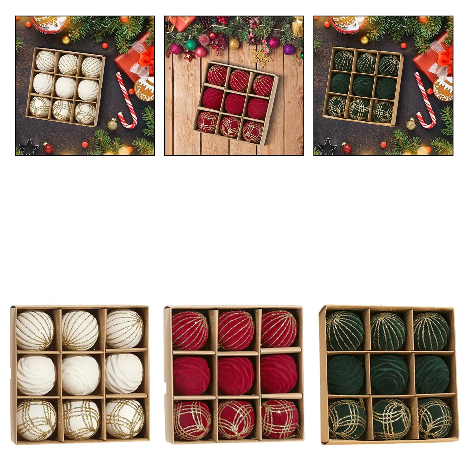 9 Uds. De bolas navideñas de terciopelo de 2,4 pulgadas, decoración multiusos ligera y resistente para manteles festivos, decoración inastillable