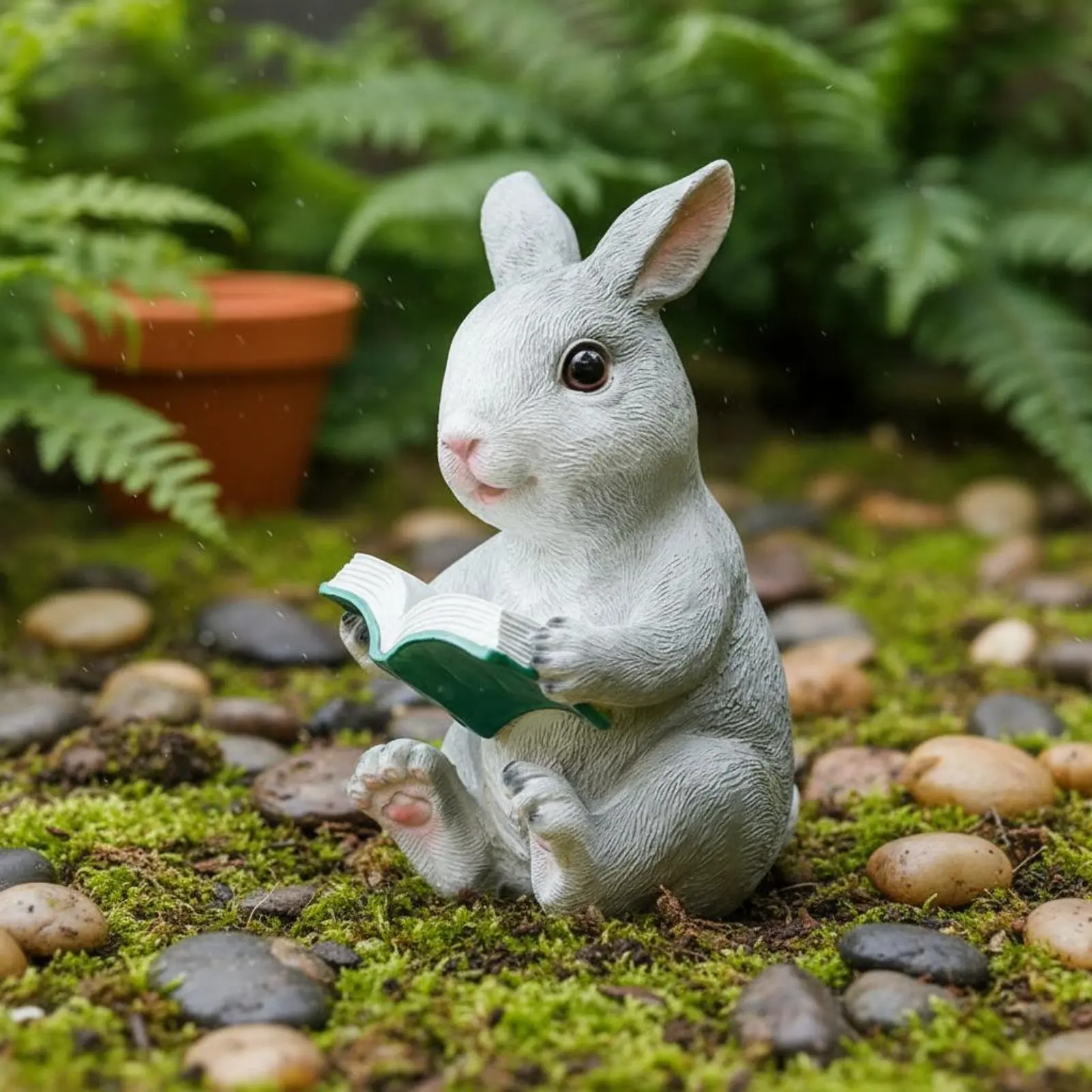 Estatua de conejo leyendo para jardín – Resina pintada a mano - imagen 4