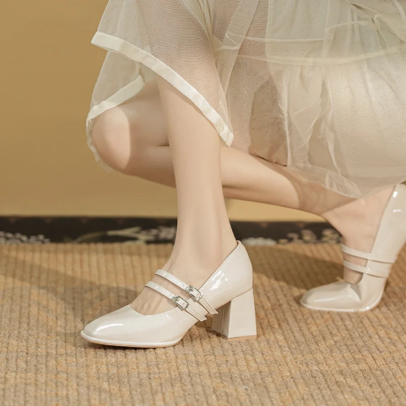 Primavera otoño mujer doble hebilla zapatos Mary Jane vestido de charol cabeza cuadrada tacón cuadrado Color sólido zapatos de mujer - imagen 5